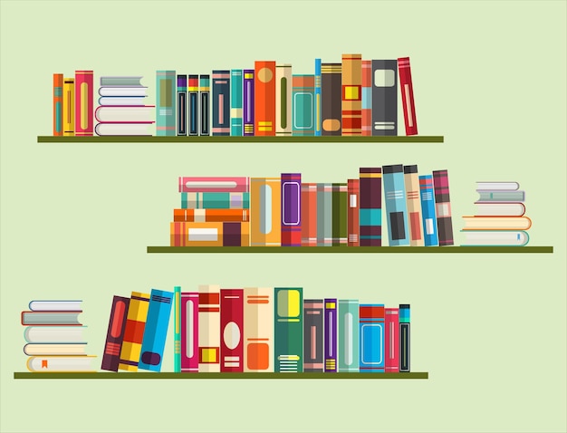 Vector books on bookshelves in flat design style vector illustration