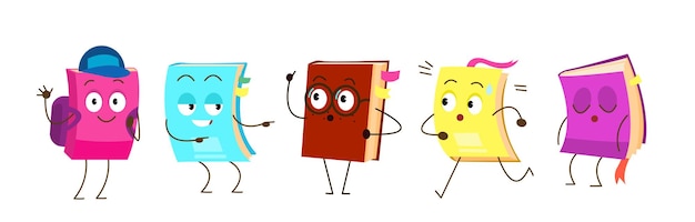 Books cartoons Childish colorful characters with faces hands and legs elements for kids education