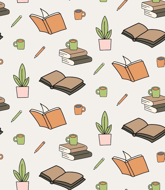 Vector books and coffee seamless pattern