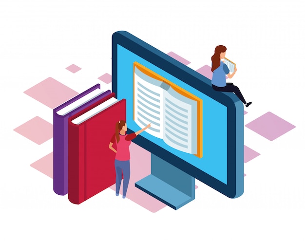 books, computer and women around over white background, colorful isometric 