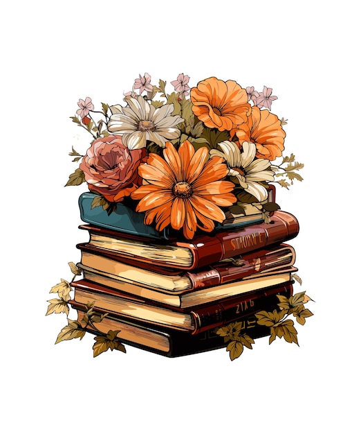 Vector books and flowers illustration