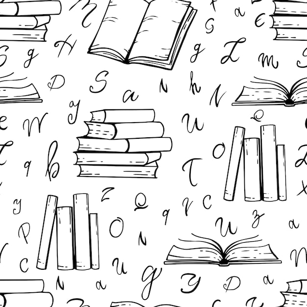 Vector books hand-drawn seamless pattern on white background. vector black and white background.