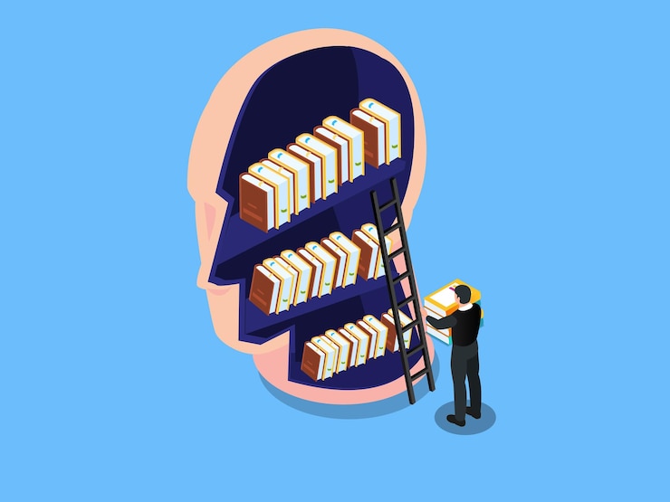 Vector books library in head shape businessman standing on the stairs and reaching for the book