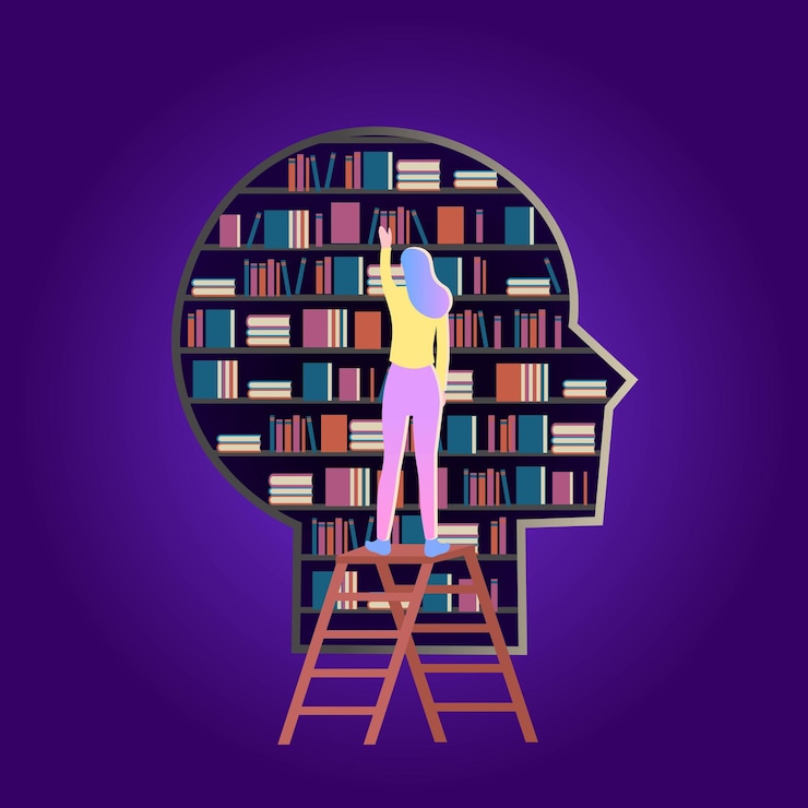 Vector books library in head shapea girl standing on the stairs and reaching for the book