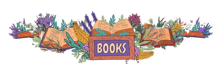 Вектор книги на тему природы открытые книги в окружении красочных цветов и листьев создают очаровательную сцену