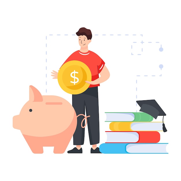 Vector books and piggy bank flat illustration of educational funds