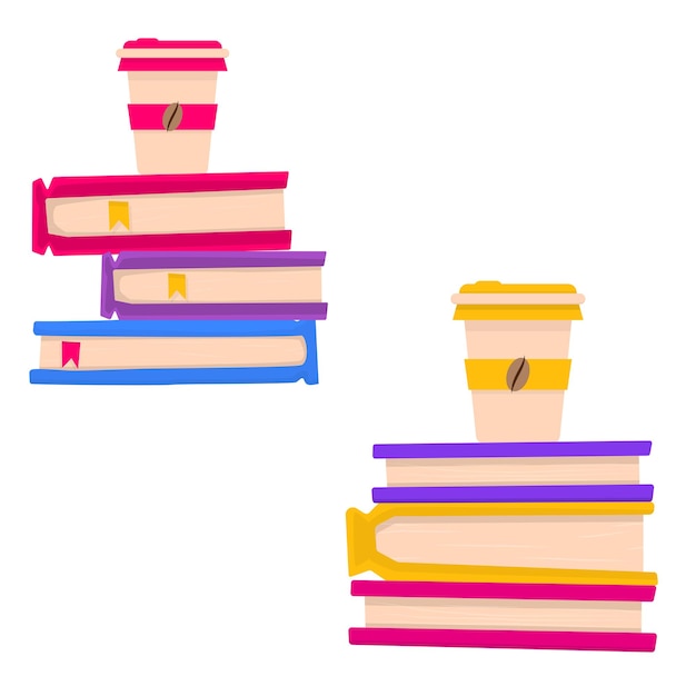 Books pile with coffee to go cup