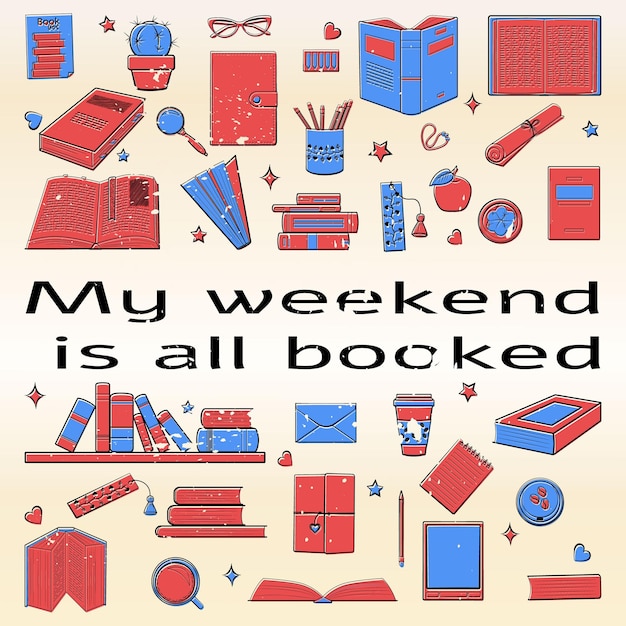 Vector books postcard retro red and blue