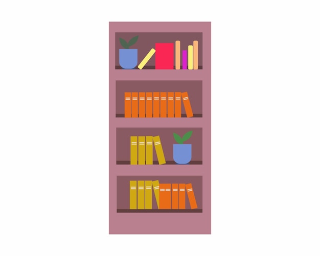 Vector books rack with books and decorative home flowerpot, wooden shelve with textbooks.