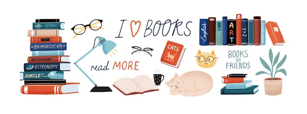 本と読書セット。学問の教科書、かわいい猫、観葉植物、メガネ。白い背景に分離された装飾的なデザイン要素のバンドルです。フラット漫画カラフルなベクター イラストです。