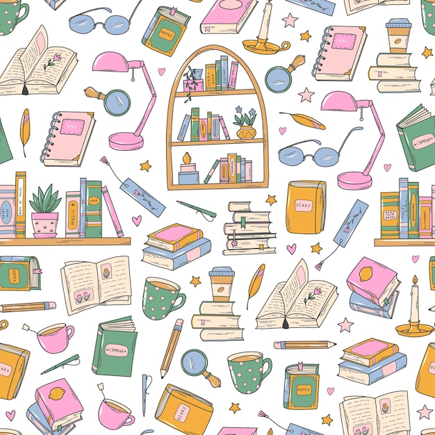 books seamless pattern with doodles cartoon objects on white background for wallpaper package