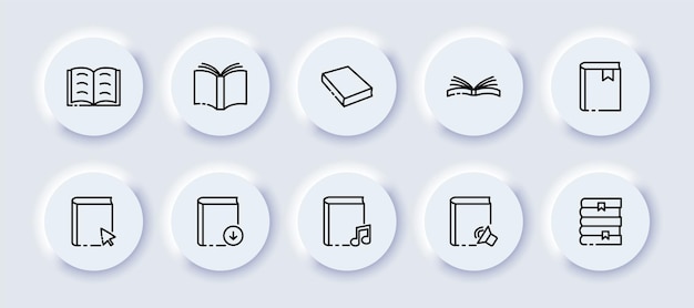 Books set icon paper ebook magazine flipping open closed bookmark cursor audiobook upload note volume stack knowledge concept neomorphism vector line icon for business and advertising