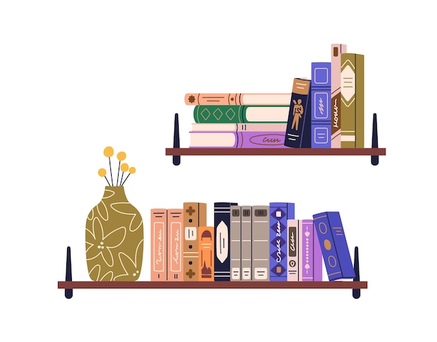 Книги на полке художественная классическая научная литература на книжной полке домашняя библиотека со школьными учебниками бумажные энциклопедии стоя и лежа Плоская векторная иллюстрация изолирована на белом фоне