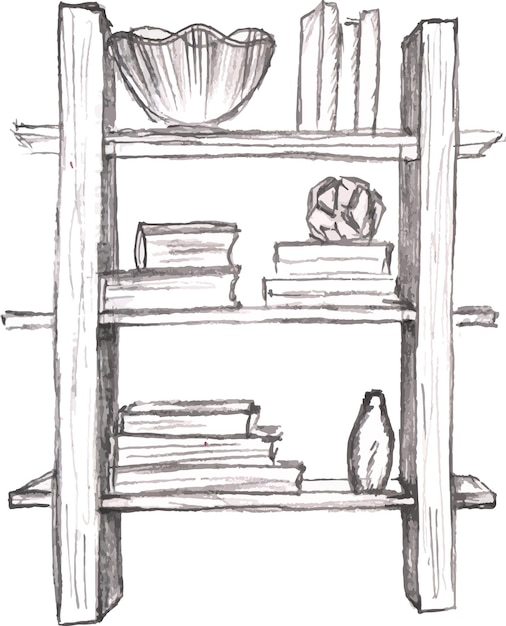 Books on a shelf in pencil doodle style on a white background