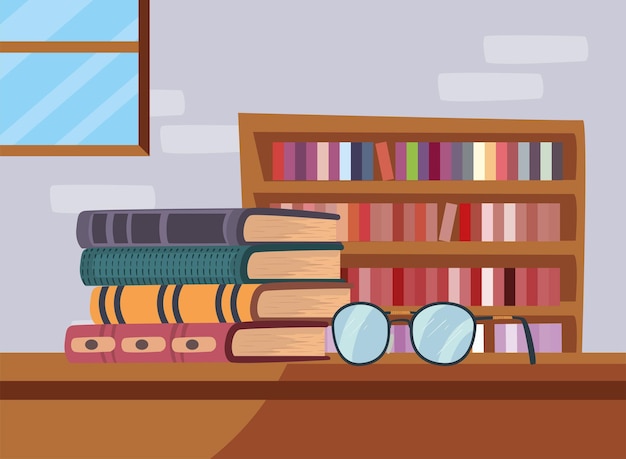 Vector books in shelving and eyeglasses