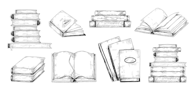 Books sketch Vintage engraving of stacks and piles of open or closed hardcover textbooks Students reading School library and education graphic Hand drawn bookshelf elements Vector literature set