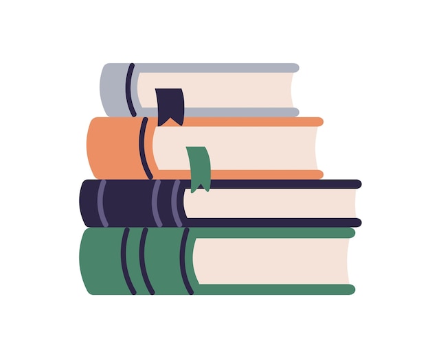 books stack. school textbooks, academic paper literature with bookmarks. dictionaries, encyclopedias, nonfiction publications. knowledge concept. flat vector illustration isolated on white background.