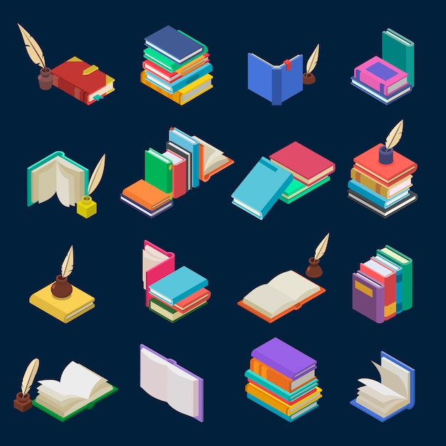 Books stack of textbooks and notebooks on bookshelves in library or bookstore illustration isometric set of bookish cover of school literature isolated on background
