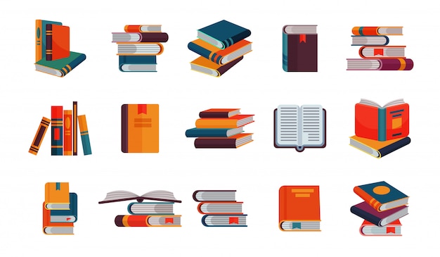 Стопка книг из учебников и тетрадей на книжных полках, чтение литературы в библиотеке или книжный магазин набор книжных обложек, изолированных на белом фоне