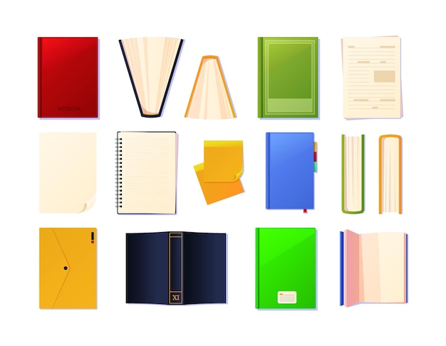 Books top view puzzle 3d cover of cardboard folders with business paper for managers garish vector flat illustrations