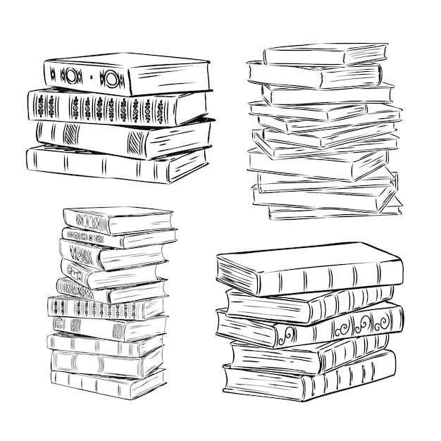 Books vector collection pile of books hand drawn illustration in sketch style library books shop