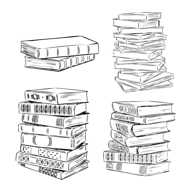 Куча векторной коллекции книг, нарисованная вручную иллюстрация в книжном магазине библиотеки в стиле эскиза