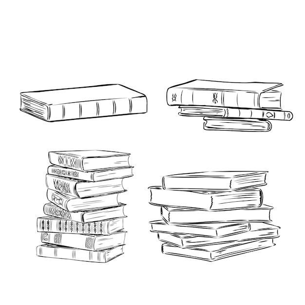 Books vector collection pile of books hand drawn illustration in sketch style library books shop