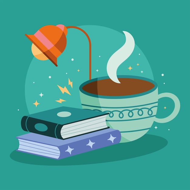 Books with coffee and lamp