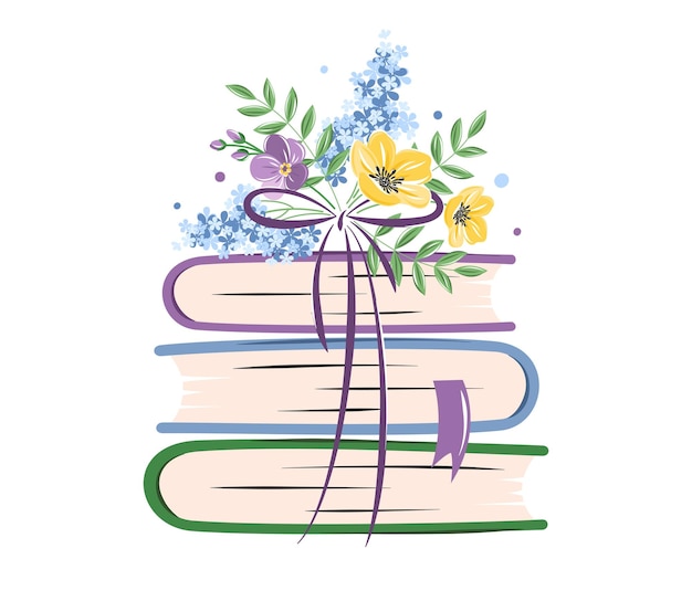 Books with spring flowers on white background Design for card or promotional poster