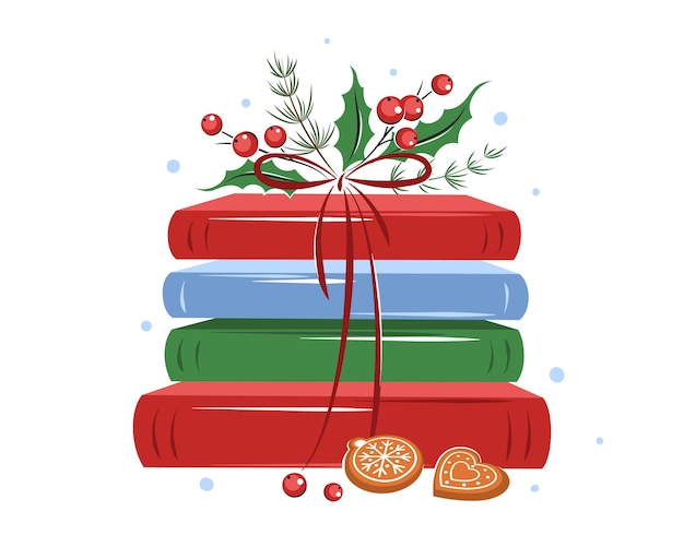 Книги с зимними листьями и печеньем на белом фоне. Дизайн открытки или рекламного плаката.