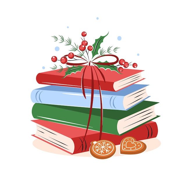 Books with winter leaves and cookies on white background. Design element for bookstore