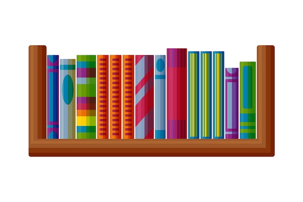 Libri sullo scaffale di legno scaffale per interni in stile cartone animato illustrazione vettoriale