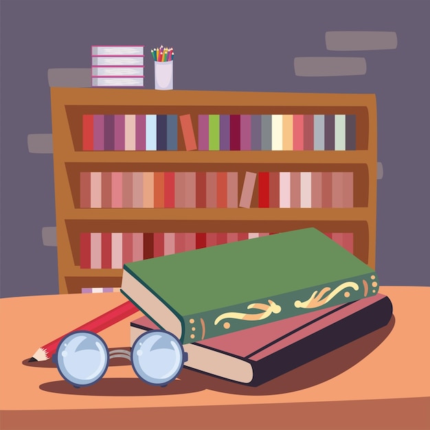 Vector bookscase and pencils colors icons