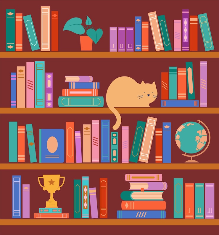 Bookshelf concept illustration A lot of books on the shelf clock cat plant and globe