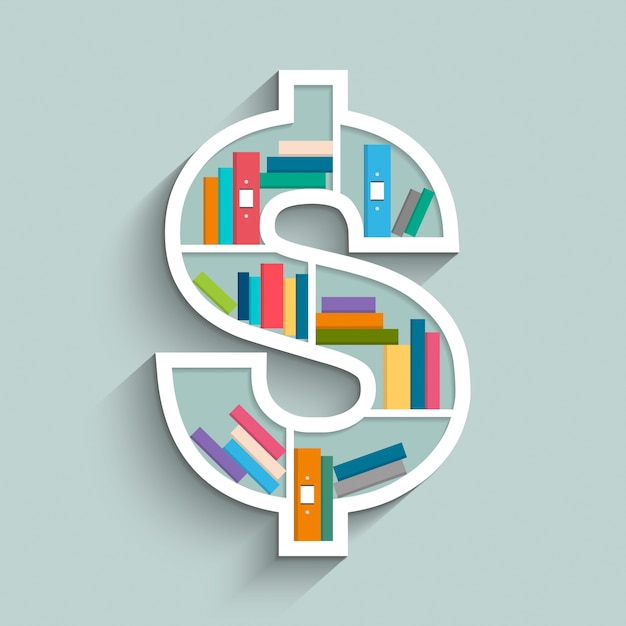 Vector bookshelf in form of dollar sign with colorful books.