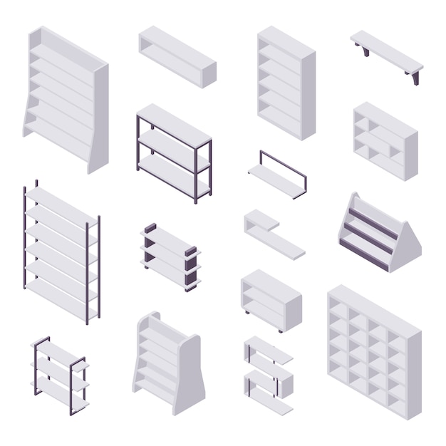 Bookshelf isometric - collection of various cases and shelves for books for home and store interior