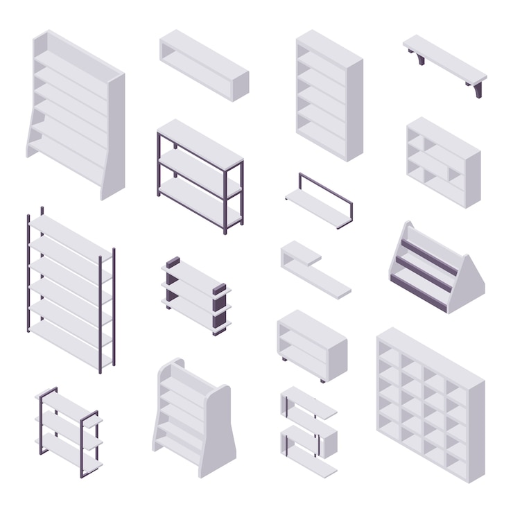 Vector bookshelf isometric - collection of various cases and shelves for books for home and store interior
