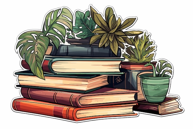 Vector bookshelf stack of books houseplants sticker cartoon colorful flat vector illustration