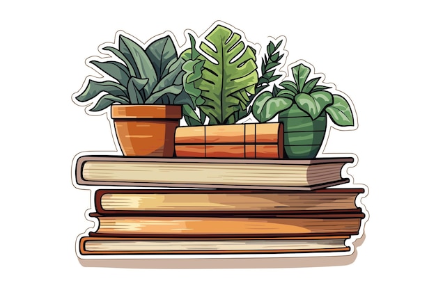 Vector bookshelf stack of books houseplants sticker cartoon colorful flat vector illustration