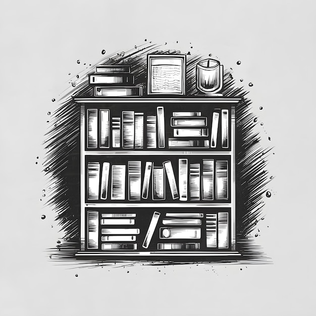 Bookshelf vector pencil ink sketch drawing black and white monochrome engraving style