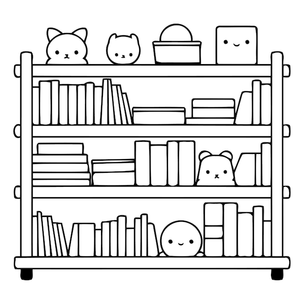 Vector bookshelf with books and cats flat style vector illustration