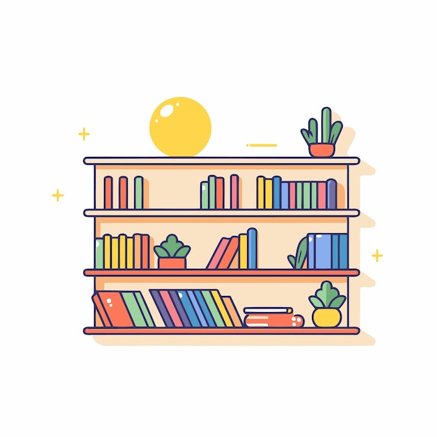 Vector bookshelf with books and plants flat style vector illustration