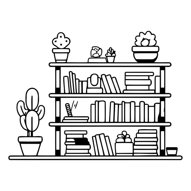 Vector bookshelf with books and plants flat style vector illustration