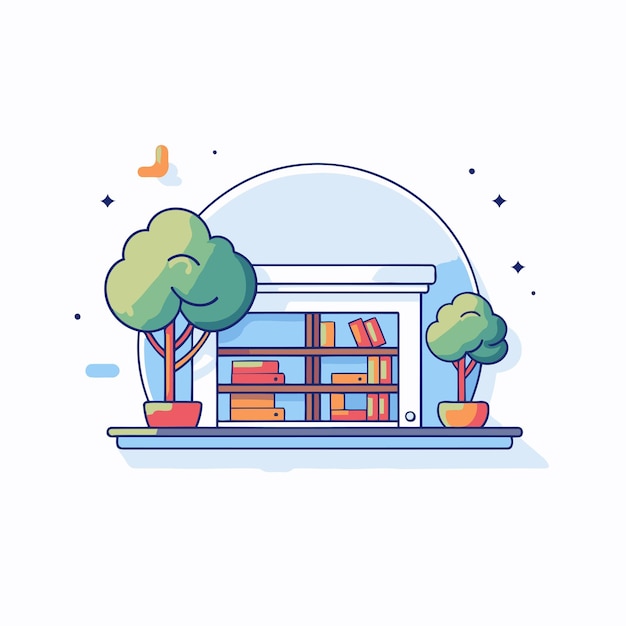 Bookshelf with books and tree flat style vector illustration