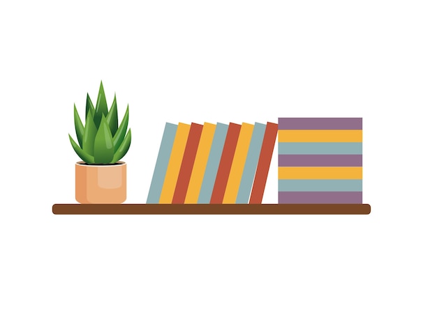 Bookshelf with stacks of books with house plants on the wall Vector illustration