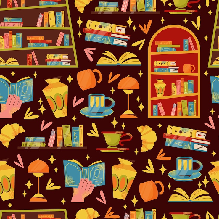 Vector bookshelves books stack of books seamless pattern bookstore bookshop library bibliophile