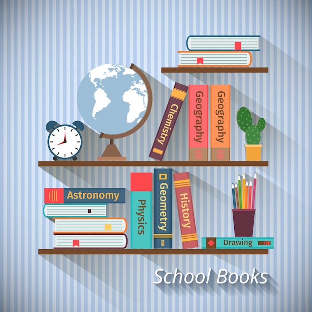 Bookshelves with textbooks in flat  style. Back to school  concept