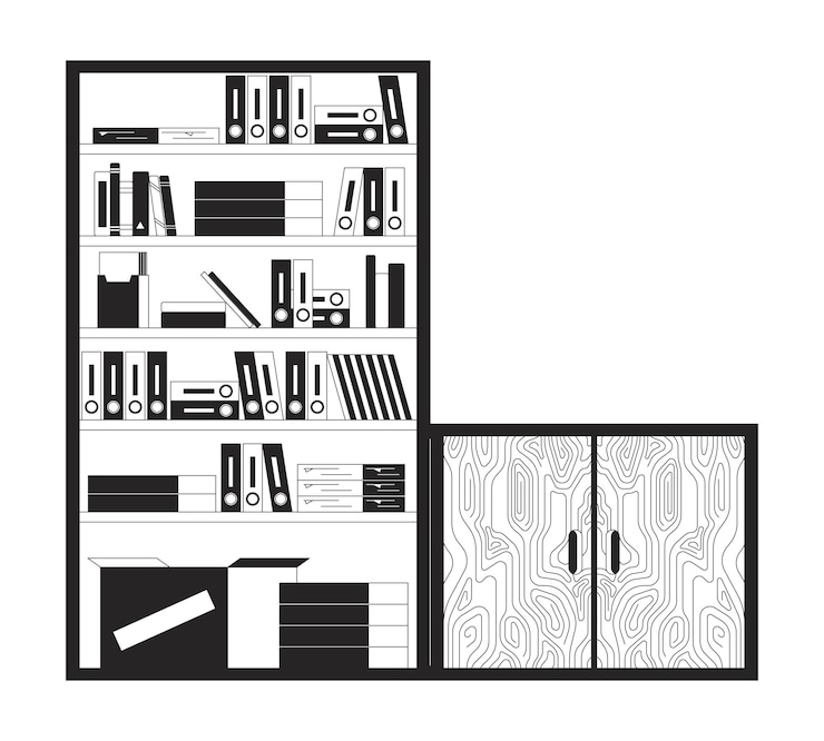 Vector bookshelves with wooden cabinet black and white 2d line cartoon object