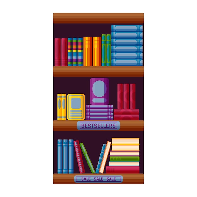 Bookshop rack with bestsellers and sale options Bookstore shelf in cartoon style Vector illustration