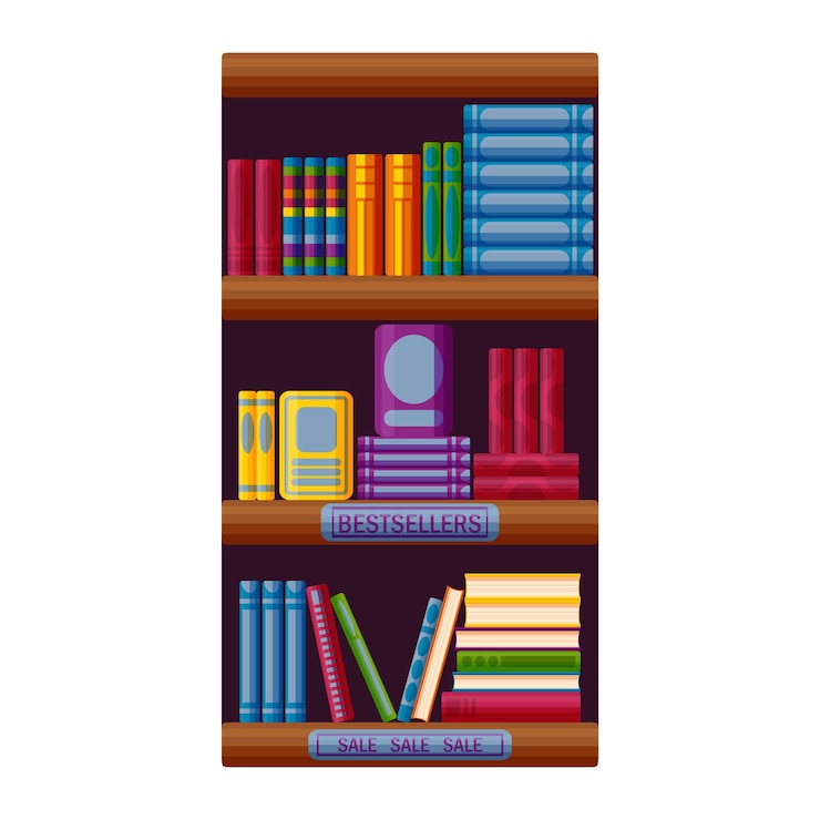 वेक्टर bookshop rack with bestsellers and sale options bookstore shelf in cartoon style vector illustration